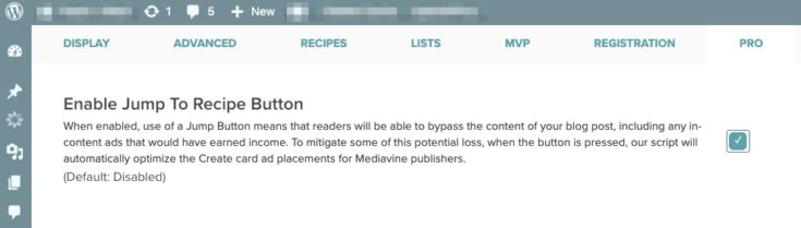enable jump to recipe button in wordpress