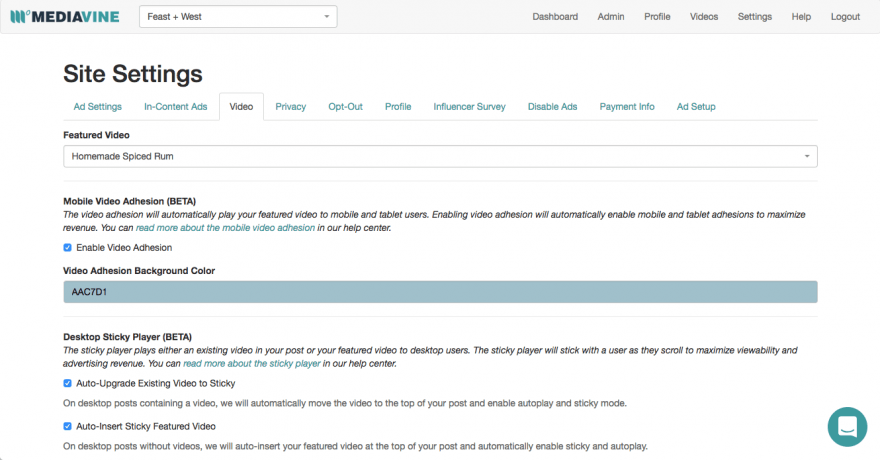 A screen capture of the Mediavine Dashboard Site Settings section.