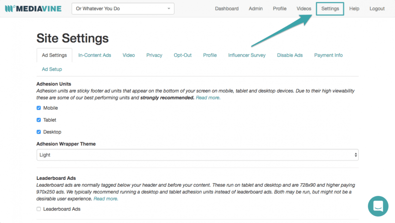 A screen capture of the Mediavine Dashboard, highlighting the Settings tab.